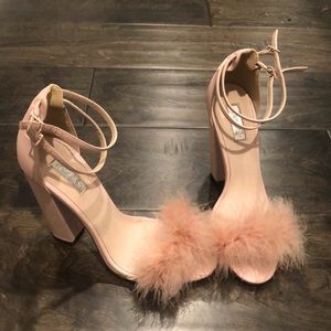 Pink feather toe heeled sandals
